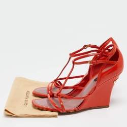 Louis Vuitton Orange Patent Leather Strappy Wedge Sandals Size 37.5