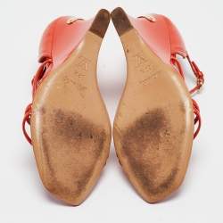 Louis Vuitton Orange Patent Leather Strappy Wedge Sandals Size 37.5