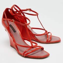 Louis Vuitton Orange Patent Leather Strappy Wedge Sandals Size 37.5