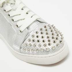 Pre Owned Christian Louboutin Silver Fabric Vieira 2 Spikes Sneakers Size 39.5
