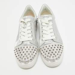 Pre Owned Christian Louboutin Silver Fabric Vieira 2 Spikes Sneakers Size 39.5
