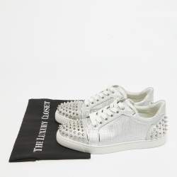 Pre Owned Christian Louboutin Silver Fabric Vieira 2 Spikes Sneakers Size 39.5
