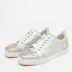 Pre Owned Christian Louboutin Silver Fabric Vieira 2 Spikes Sneakers Size 39.5