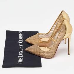 Pre Owned Christian Louboutin Gold Glitter Mesh and Leather Fishnet Pointed Toe Pumps Size 36
