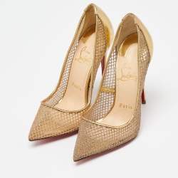 Pre Owned Christian Louboutin Gold Glitter Mesh and Leather Fishnet Pointed Toe Pumps Size 36