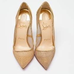 Pre Owned Christian Louboutin Gold Glitter Mesh and Leather Fishnet Pointed Toe Pumps Size 36