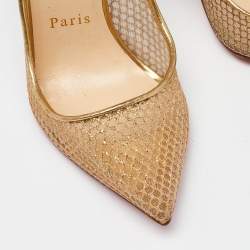 Pre Owned Christian Louboutin Gold Glitter Mesh and Leather Fishnet Pointed Toe Pumps Size 36