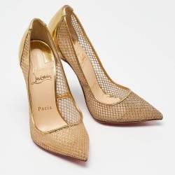Pre Owned Christian Louboutin Gold Glitter Mesh and Leather Fishnet Pointed Toe Pumps Size 36
