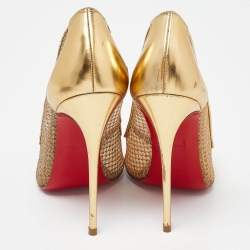 Pre Owned Christian Louboutin Gold Glitter Mesh and Leather Fishnet Pointed Toe Pumps Size 36