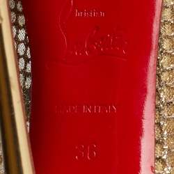 Pre Owned Christian Louboutin Gold Glitter Mesh and Leather Fishnet Pointed Toe Pumps Size 36