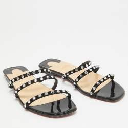 Christian Louboutin Black Suede Crystal Embellished Flat Slides Size 37.5