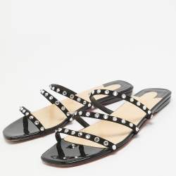 Christian Louboutin Black Suede Crystal Embellished Flat Slides Size 37.5
