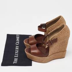 Pre Owned Christian Louboutin Brown/Beige Leather And Jute Praia Wedge Espadrille Platform Ankle Strap Sandals Size 40