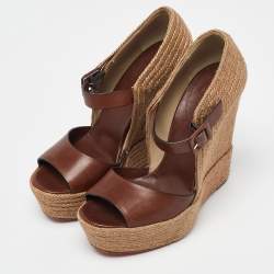 Pre Owned Christian Louboutin Brown/Beige Leather And Jute Praia Wedge Espadrille Platform Ankle Strap Sandals Size 40