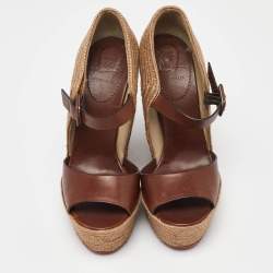 Pre Owned Christian Louboutin Brown/Beige Leather And Jute Praia Wedge Espadrille Platform Ankle Strap Sandals Size 40