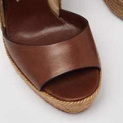 Pre Owned Christian Louboutin Brown/Beige Leather And Jute Praia Wedge Espadrille Platform Ankle Strap Sandals Size 40