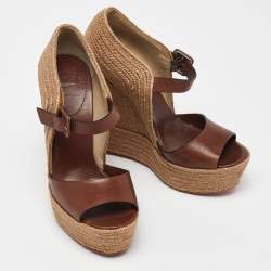 Pre Owned Christian Louboutin Brown/Beige Leather And Jute Praia Wedge Espadrille Platform Ankle Strap Sandals Size 40