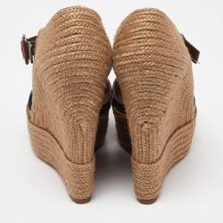 Pre Owned Christian Louboutin Brown/Beige Leather And Jute Praia Wedge Espadrille Platform Ankle Strap Sandals Size 40