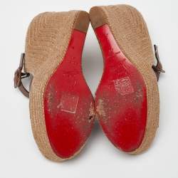 Pre Owned Christian Louboutin Brown/Beige Leather And Jute Praia Wedge Espadrille Platform Ankle Strap Sandals Size 40