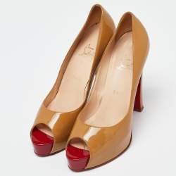 Christian Louboutin Nude Beige Patent Leather New Very Prive Peep Toe Platform Pumps Size 40.5