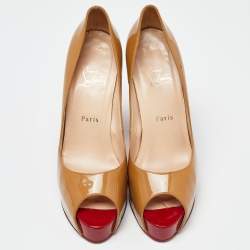 Christian Louboutin Nude Beige Patent Leather New Very Prive Peep Toe Platform Pumps Size 40.5