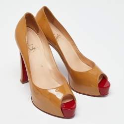 Christian Louboutin Nude Beige Patent Leather New Very Prive Peep Toe Platform Pumps Size 40.5