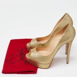 Christian Louboutin Gold Glitter Lady Peep Toe Platform Pumps Size 38.5