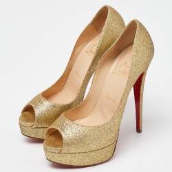 Christian Louboutin Gold Glitter Lady Peep Toe Platform Pumps Size 38.5