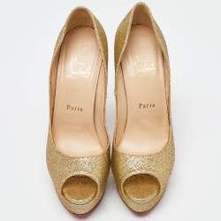 Christian Louboutin Gold Glitter Lady Peep Toe Platform Pumps Size 38.5