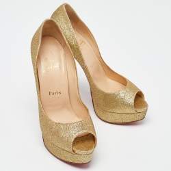 Christian Louboutin Gold Glitter Lady Peep Toe Platform Pumps Size 38.5