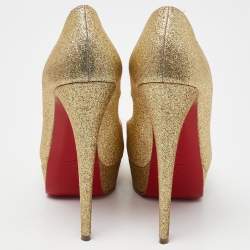 Christian Louboutin Gold Glitter Lady Peep Toe Platform Pumps Size 38.5