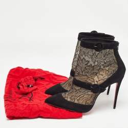 Pre Owned Christian Louboutin Black Suede and Lace Boteboot Booties Size 39.5