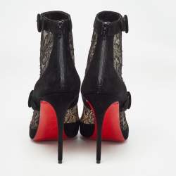 Pre Owned Christian Louboutin Black Suede and Lace Boteboot Booties Size 39.5