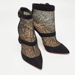Pre Owned Christian Louboutin Black Suede and Lace Boteboot Booties Size 39.5
