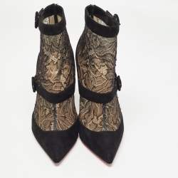 Pre Owned Christian Louboutin Black Suede and Lace Boteboot Booties Size 39.5