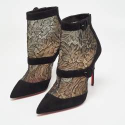 Pre Owned Christian Louboutin Black Suede and Lace Boteboot Booties Size 39.5