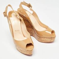 Pre Owned Christian Louboutin Beige Patent Leather Une Plume Slingback Pumps Size 39