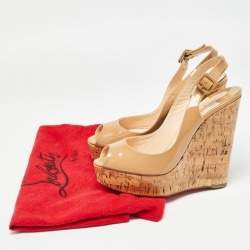 Pre Owned Christian Louboutin Beige Patent Leather Une Plume Slingback Pumps Size 39