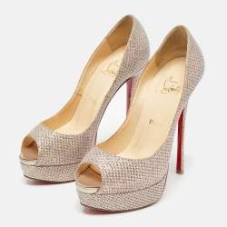 Christian Louboutin Metallic Pink Glitter Fabric Lady Peep Pumps Size 38.5