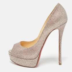 Christian Louboutin Metallic Pink Glitter Fabric Lady Peep Pumps Size 38.5