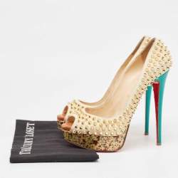 Pre Owned Christian Louboutin Cream Suede Lady Peep Spikes Pumps Size 38.5