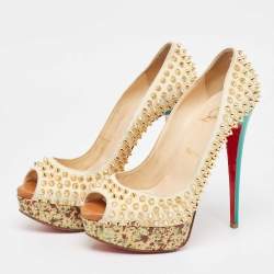 Pre Owned Christian Louboutin Cream Suede Lady Peep Spikes Pumps Size 38.5