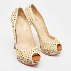 Pre Owned Christian Louboutin Cream Suede Lady Peep Spikes Pumps Size 38.5