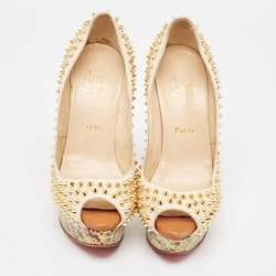 Pre Owned Christian Louboutin Cream Suede Lady Peep Spikes Pumps Size 38.5