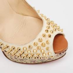Pre Owned Christian Louboutin Cream Suede Lady Peep Spikes Pumps Size 38.5