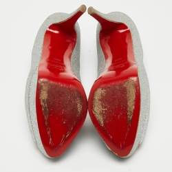 Pre Owned Christian Louboutin Silver Glitter Lady Peep Pumps Size 38.5