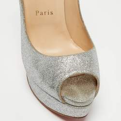 Pre Owned Christian Louboutin Silver Glitter Lady Peep Pumps Size 38.5