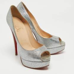 Pre Owned Christian Louboutin Silver Glitter Lady Peep Pumps Size 38.5