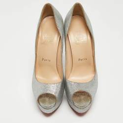 Pre Owned Christian Louboutin Silver Glitter Lady Peep Pumps Size 38.5