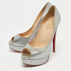 Pre Owned Christian Louboutin Silver Glitter Lady Peep Pumps Size 38.5